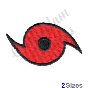 May include: Red and black embroidered hurricane symbol. The symbol is a stylized eye with a tail.