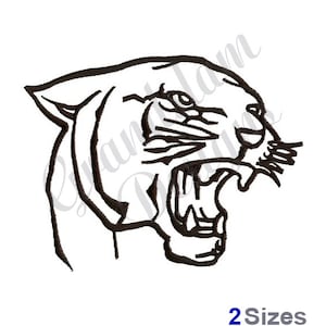 Op de afbeelding: Zwart-witte lijntekening van een brulende panterkop.