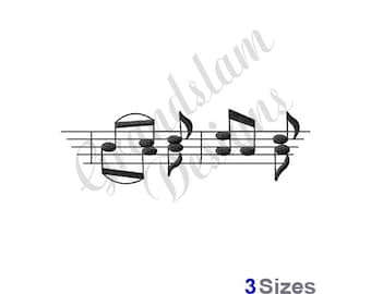 May include: Black and white embroidery design of musical notes on a staff. The design includes a treble clef, quarter notes, and eighth notes.  The design is available in three sizes.