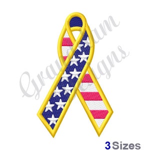 May include: A yellow ribbon with an American flag design. The ribbon is tied in a bow and has a white background with red and blue stripes and white stars.