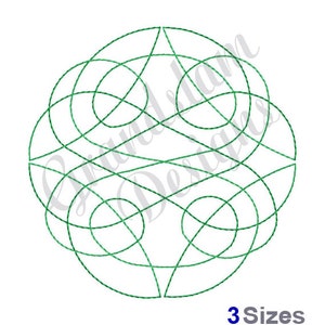 May include: A green Celtic knot design, a circular pattern of interlacing lines, for embroidery.