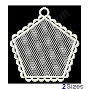 May include: White, scalloped, pentagon-shaped embroidery design with a hole at the top for hanging. The design is filled with a grid pattern.