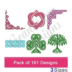 May include: A set of 161 embroidery designs featuring Celtic knots, a shamrock, a tree of life, and a heart design. The designs are available in three sizes. Pack of 161 Designs 3 Sizes