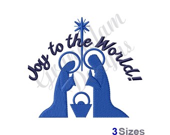 May include: Blue embroidery design of the nativity scene with a star above and the text "Joy to the World!"