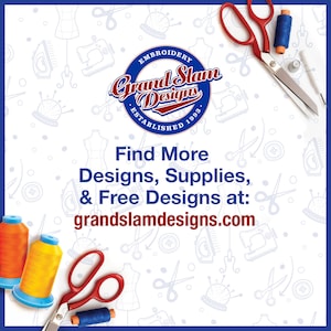 May include: Image of sewing supplies with the text "Grand Slam Designs." The image includes red-handled scissors, spools of thread in yellow, orange, and blue, and the website address grandslamdesigns.com.