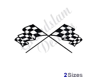 May include: Two black and white checkered flags crossed over each other. The flags are waving in the wind.