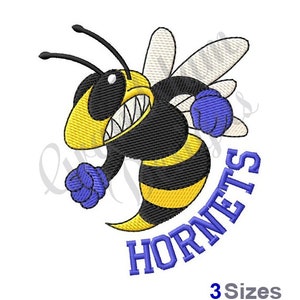 May include: A cartoon hornet with a yellow and black striped body and blue boxing gloves. The hornet is wearing a menacing expression and is surrounded by the word "Hornets" in blue text.