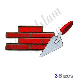 May include: Red brick wall with a trowel, a tool used for spreading mortar, in the foreground. The trowel has a silver blade and a red handle.