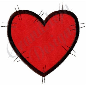 May include: A red heart with a black outline and stitching around the edges. The heart is a simple, cartoon-like design.