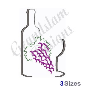 Könnte beinhalten: Konturenstickerei-Design einer Weinflasche mit einer Traube violetter Trauben und einem Weinglas.