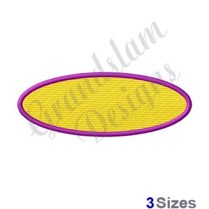 May include: A yellow oval embroidery design with a purple outline. The design is blank and can be used for personalization.