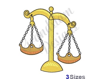 May include: A gold scale with two pans hanging from chains. The scale is on a gold stand with a round base.