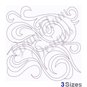 May include: A black and white line art design of a swirling pattern. The design is made up of a series of curves and loops that create a sense of movement and flow. The design is perfect for use in quilting, embroidery, or other crafts.