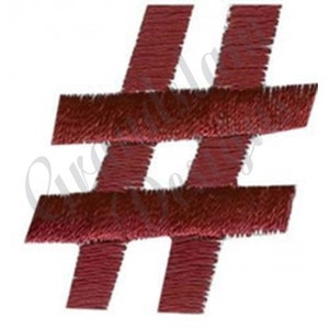 May include: A red embroidered hashtag symbol. The symbol is made up of two diagonal lines that intersect in the middle.