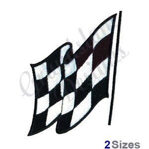 May include: Black and white checkered racing flag waving in the wind. The flag is attached to a pole. 2 Sizes.