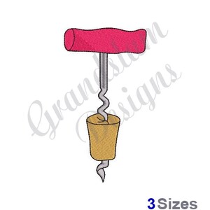 May include: A red and silver corkscrew with a wooden handle. The corkscrew is in the shape of a T with a spiral on the bottom.