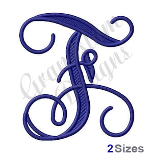 May include: A blue embroidered letter F with a decorative script font. The letter is outlined in a darker blue and has a stylized flourish.