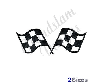 May include: Two black and white checkered racing flags crossed at the center. The flags are waving in the wind.