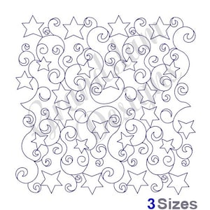 Puede incluir: Una ilustración digital en blanco y negro de un patrón repetitivo de estrellas y remolinos. El diseño está disponible en tres tamaños.