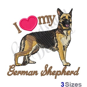 May include: Embroidered design featuring a German Shepherd dog with a red heart and the text "I love my German Shepherd". The design is available in three sizes.