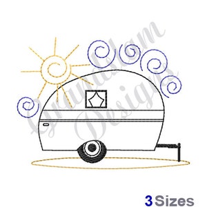 May include: A black and white line drawing of a caravan with a yellow sun and blue swirls above it. The caravan has a window with a star in it.
