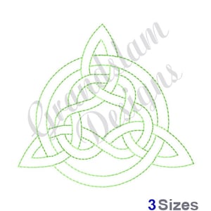 Peut inclure: Un motif de nœud celtique vert en forme de triangle. Le nœud est composé de trois boucles entrelacées.