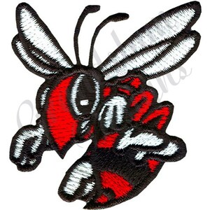 May include: A red and black cartoon hornet with white wings. The hornet is in a flying position with its stinger raised.