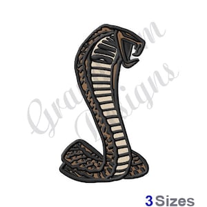 May include: An embroidered design of a cobra snake with its hood raised. The snake is black and brown and is in a standing position with its head facing the right side of the image.