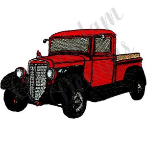 May include: A red vintage pickup truck with a wooden bed. The truck has a black grille and black wheels.