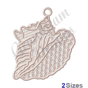 May include: A beige embroidered seashell with a loop at the top, perfect for a charm or ornament. The shell has a detailed design and a textured surface.