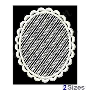 May include: White oval embroidery design with a scalloped edge and a delicate mesh pattern.