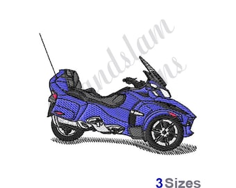 May include: Embroidered design of a blue three-wheeled motorcycle with black accents. The design includes a windshield, seat, and exhaust pipes. The text "3 Sizes" is at the bottom.