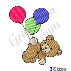 May include: A brown teddy bear holding onto three balloons. The balloons are pink, blue, and green.