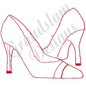 Peut inclure: Une paire de chaussures à talons hauts rouges avec une pointe pointue. Les chaussures sont soulignées d'un point rouge.