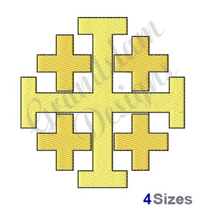 May include: A yellow cross with four smaller crosses inside, forming a larger cross. The design is known as the Jerusalem Cross.