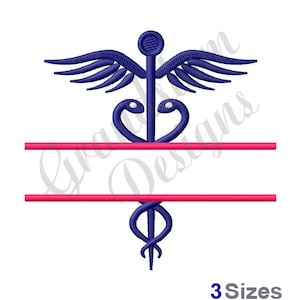 May include: An embroidered design featuring a blue caduceus symbol with wings, two red horizontal lines, and the text "3 Sizes" in blue. The design is on a white background.