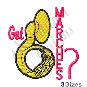 May include: A yellow tuba with the text "Get Marches?" in pink. The text is vertical and to the right of the tuba.