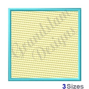 Puede incluir: Un diseño de bordado cuadrado con un relleno texturizado amarillo claro y un borde azul turquesa. El texto "3 Tamaños" está en la parte inferior de la imagen. El diseño parece ser para bordado o arte digital.