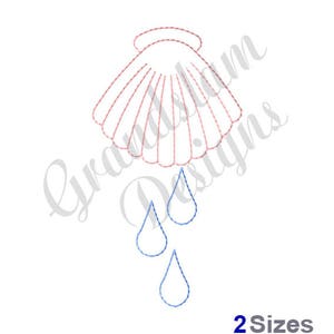 May include: A white outline of a seashell with three blue water drops falling from it. The seashell is a symbol of baptism.