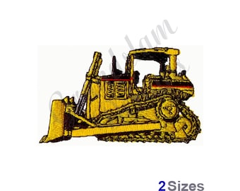 May include: Yellow and black embroidered design of a bulldozer with a red stripe on the side. The bulldozer has a large blade in the front and tracks on the bottom.