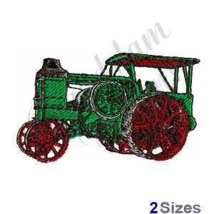May include: A green and red vintage tractor with a black engine and a canopy. The tractor has large wheels with red spokes.