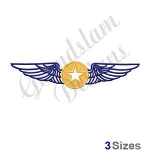 May include: Blue embroidered wings with a gold star in the center. The wings are a symbol of aviation and are often used as a patch or emblem.