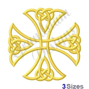 May include: A gold Celtic knot cross design. The cross is made up of interlacing knots, creating a complex and intricate pattern.