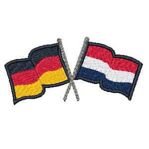May include: Embroidered patch featuring the flags of Germany and the Netherlands crossed. The German flag displays black, red, and gold, while the Dutch flag shows red, white, and blue. Both flags are outlined in navy blue.