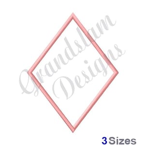 May include: A pink diamond-shaped frame with a white background. The frame is outlined in a thin pink line. The text "3 Sizes" is printed in blue below the frame.