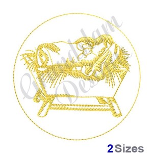 Può includere: Ricamo dorato di un bambino Gesù in una mangiatoia, all'interno di un cerchio. Il design è perfetto per progetti di ricamo natalizi.