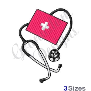 Puede incluir: Un estetoscopio negro con un botiquín de primeros auxilios rojo en forma de corazón. El botiquín de primeros auxilios tiene una cruz blanca.