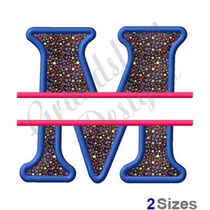 May include: Split monogram letter M with a colorful polka dot pattern and a blue outline. The letter is split by a horizontal red line.