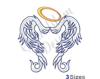 May include: White angel wings with a gold halo above them. The wings are outlined in blue and have a feathered design.
