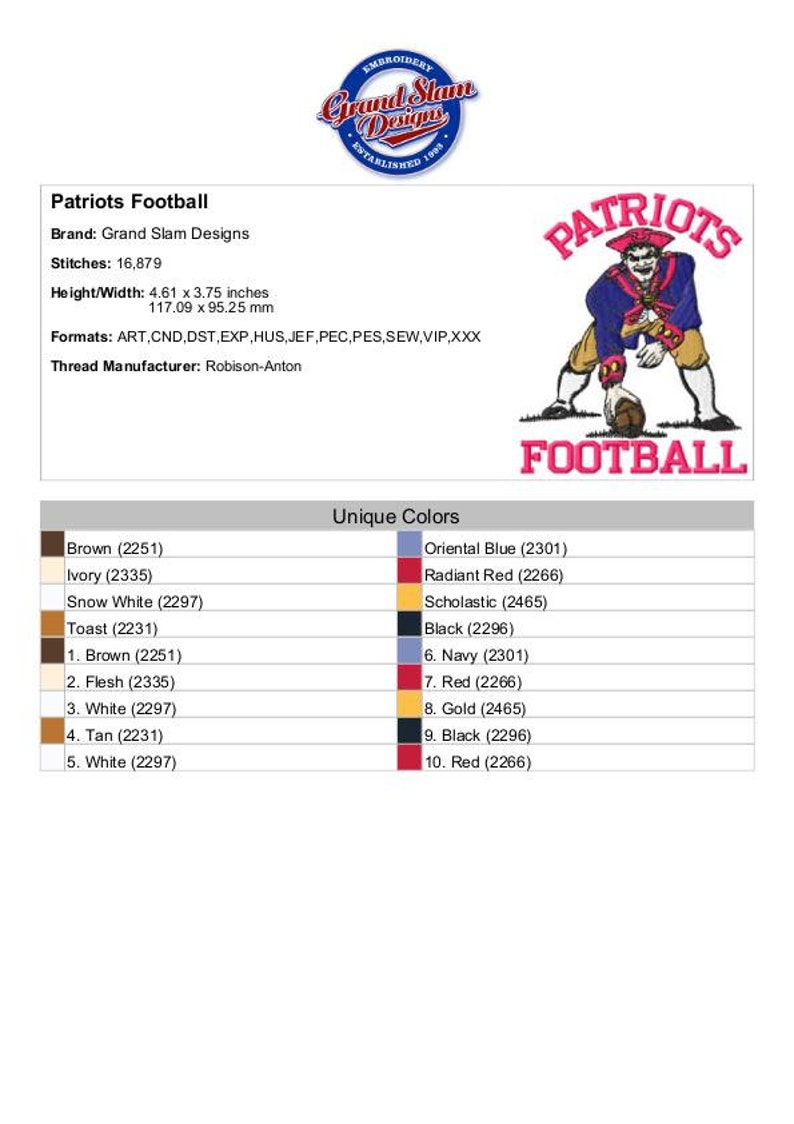 K&ouml;nnte beinhalten: Ein digitales Stickmuster des Logos des New England Patriots Footballteams. Das Logo zeigt einen Cartoon-Footballspieler in einem blau-roten Trikot mit einem wei&szlig;en Helm. Der Text "Patriots" ist in rot, wei&szlig; und blau &uuml;ber dem Spieler geschrieben, und der Text "Football" ist in rosa unter dem Spieler geschrieben. Das Design ist in verschiedenen Formaten erh&auml;ltlich, darunter ART, CND, DST, EXP, HUS, JEF, PEC, PES, SEW, VIP und XXX. Das Design ben&ouml;tigt 16.879 Stiche und misst 4,61 Zoll mal 3,75 Zoll (117,09 mm mal 95,25 mm).